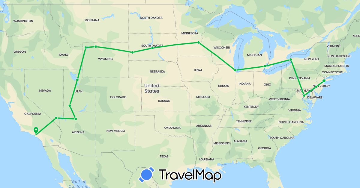 TravelMap itinerary: bus, plane in Canada, United States (North America)